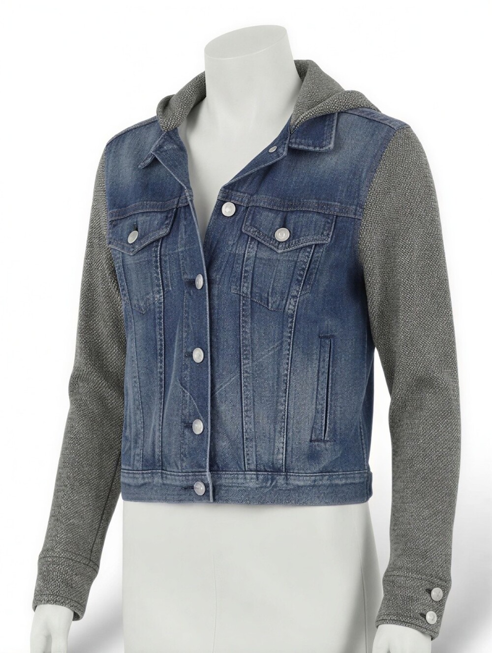 Rag & Bone Bradford Hooded Denim Jacket with Wool Herringbone Sleeves & Hood XS
